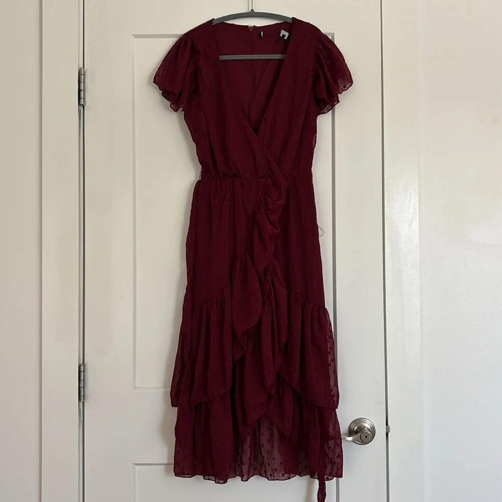 NWT Lulus Have Harmony Maroon Red Swiss Dot Ruffled Faux Wrap Midi Dress